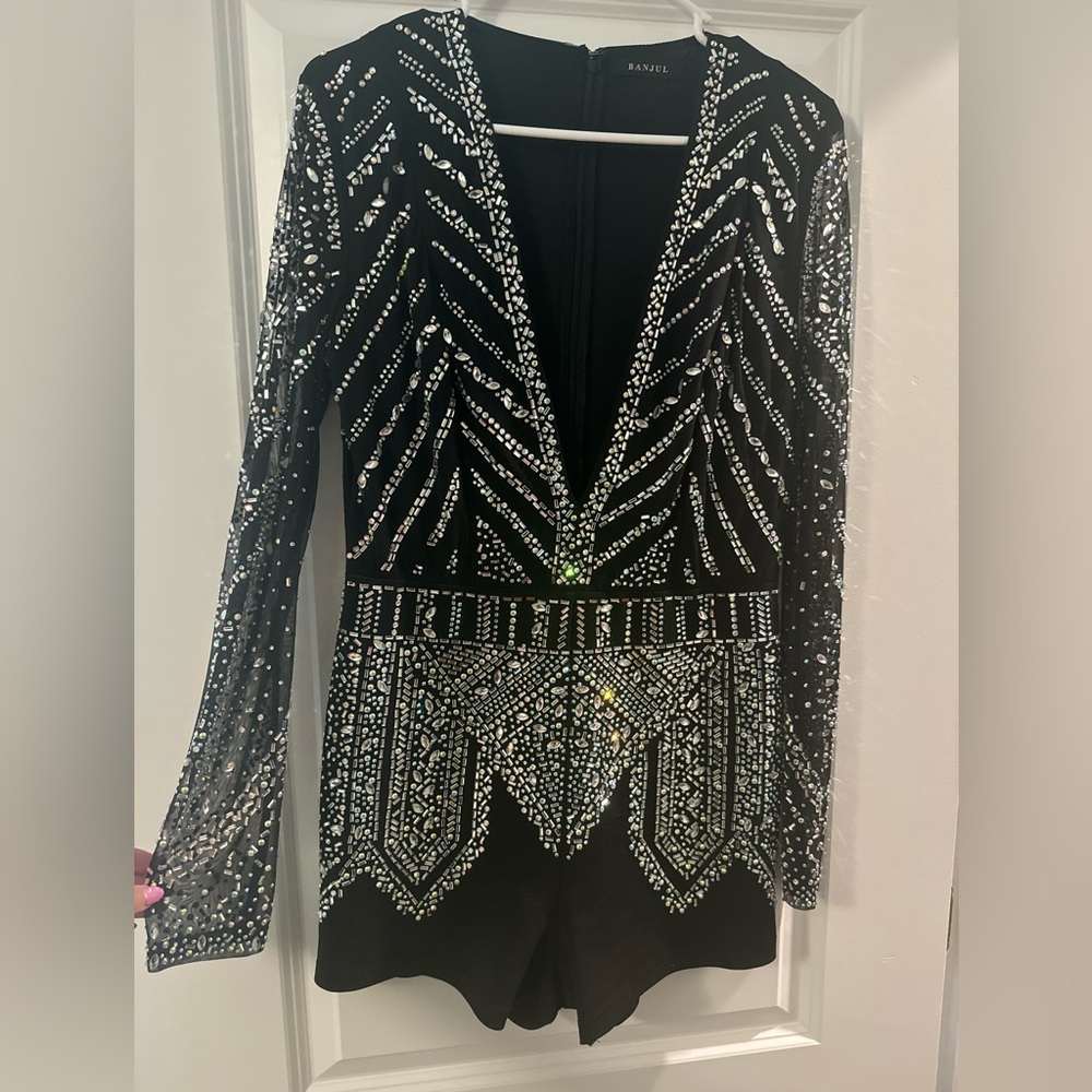 High Profile Rhinestone Romper - Large - Black and Silver - Sequin